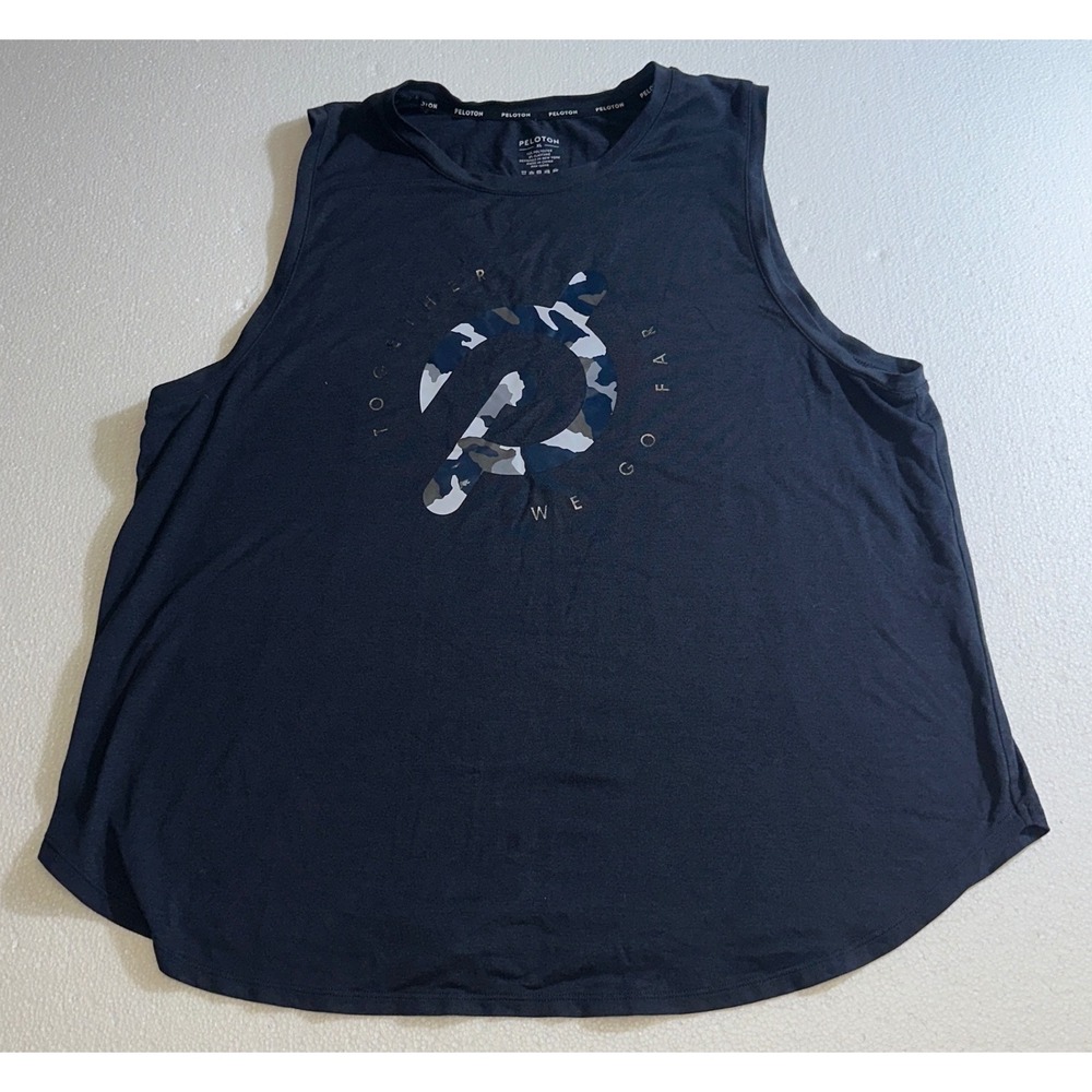 Peloton Womens XL Muscle Tank Together We Go Far Camo Logo Navy Blue Workout Top